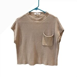 Prinbara Womens Tan Ribbed Knit Mock Neck Sweater Cap Sleeve Size M Rayon